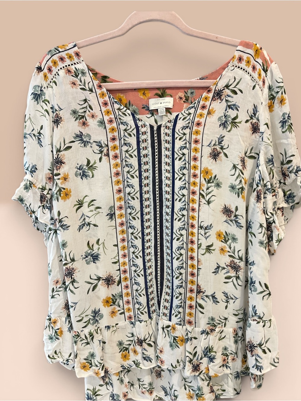 Lucky Brand White Floral V-Neck Peasant Blouse